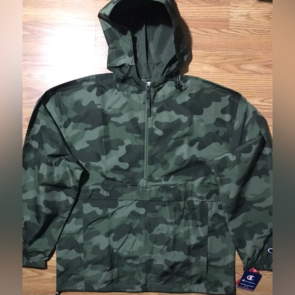 Champion Green Camo Pullover Windbreaker Mens L 1/4 Zip w Hood NWT